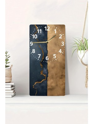 KutuTR 3D Görünümlü 2d Uv Baskı Mdf Tablo Saat 20X40 cm – Lacivert ve Altın Soyut Çatlak DESENLI-DTS129