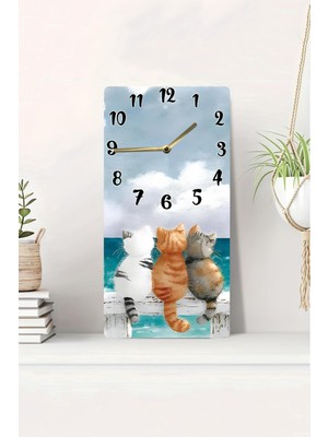 KutuTR 3D Görünümlü Deniz Manzaralı Üç Kedi Temalı 2d Uv Baskı Mdf Tablo Saat 20X40 CM-DTS051