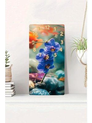 KutuTR 3D Görünümlü 2d Uv Baskı Mdf Tablo Saat – Işıltılı Mavi Orkide ve Doğal Taş Temalı – 20X40 CM-DTS043