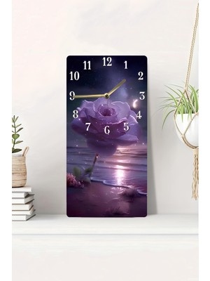 KutuTR 3D Görünümlü 2d Uv Baskı Mdf Tablo Saat Mor Gül ve Ay Işığı Temalı 20X40 CM-DTS232