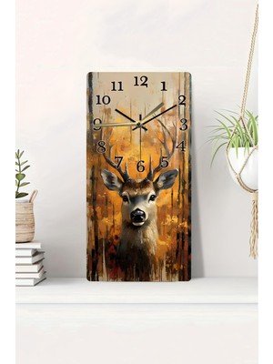 KutuTR 3D Görünümlü 2d Uv Baskı Mdf Tablo Saat – Geyik Figürlü Doğa Teması – 20X40 CM-DTS202