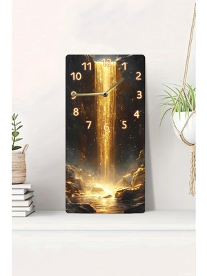 KutuTR 3D Görünümlü Altın Işık Şelalesi Tasarımlı 2d Uv Baskı Mdf Tablo Saat 20X40 cm DTS114