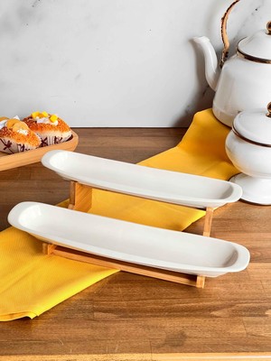 Rossev Bambu Standlı Oval 2 Katlı Servis Sunum Seti 3 Parça