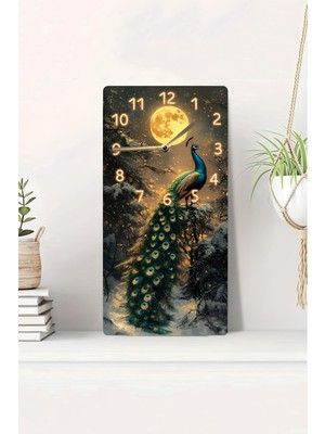 KutuTR 3D Görünümlü Tavus Kuşu ve Dolunay Temalı 2d Uv Baskı Mdf Tablo Saat 20X40 CM-DTS024