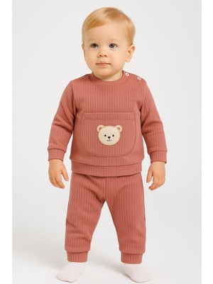 Dinamik çocuk Erkek Bebek/çocuk Ayıcık Nakışlı Ribanalı 2'li Takım Sweatshirt ve Eşofman Altı 3-6-9-12AYLIK