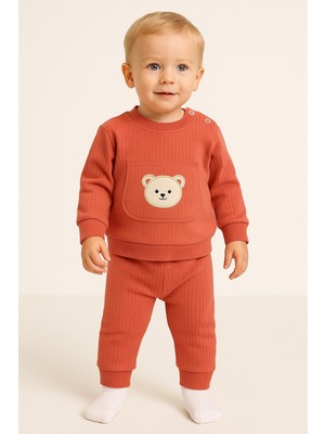 Dinamik çocuk Erkek Bebek/çocuk Ayıcık Nakışlı Ribanalı 2'li Takım Sweatshirt ve Eşofman Altı 3-6-9-12AYLIK