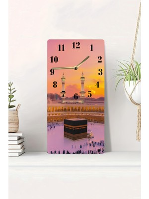 KutuTR 3D Görünümlü 2d Uv Baskı Mdf Tablo Saat – Gün Batımında Kâbe ve Minareler – 20X40 CM-DTS183