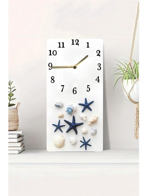 KutuTR 3D Görünümlü 2d Uv Baskı Deniz Yıldızı ve Deniz Kabukları Desenli Mdf Tablo Saat 20X40 CM-DTS082