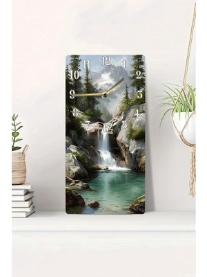 KutuTR 3D Görünümlü Şelale ve Dağ Manzaralı 2d Uv Baskı Mdf Tablo Saat 20X40 CM-DTS141