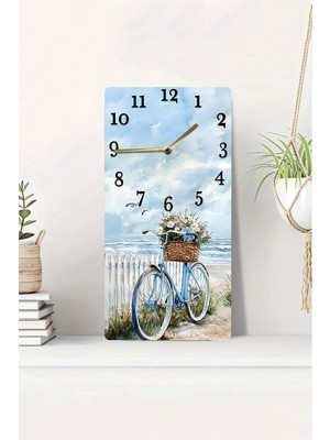 KutuTR 3D Görünümlü 2d Uv Baskı Mdf Tablo Saat 20X40 cm – Sahilde Bisiklet ve Çiçek Sepeti TEMALI-DTS066