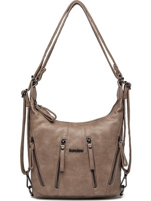 Hüvendo Barcelona Günlük Orta Boy Fermuar Detaylı Çok Cepli Kadın Omuz ve Sırt Çantası Vizon