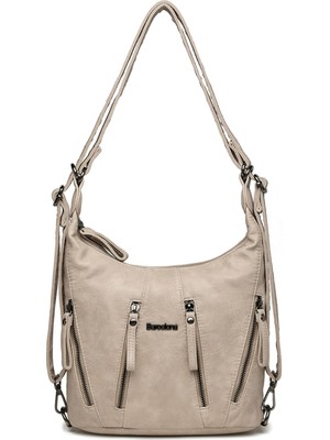 Hüvendo Barcelona Günlük Orta Boy Fermuar Detaylı Çok Cepli Kadın Omuz ve Sırt Çantası Koyu Bej