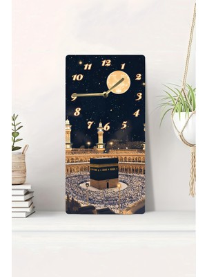 KutuTR 3D Görünümlü 2d Uv Baskı Mdf Tablo Saat 20X40 cm – Kâbe ve Dolunay Temalı Manevi Duvar SAATI-DTS006