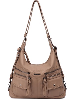 Hüvendo Günlük Çok Cepli Büyük Boy Geniş Spor Tasarım Ayarlanabilir Askılı Kadın Omuz Çantası Açık Vizon