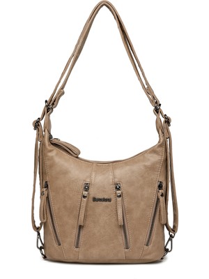 Hüvendo Barcelona Günlük Orta Boy Fermuar Detaylı Çok Cepli Kadın Omuz ve Sırt Çantası Açık Vizon