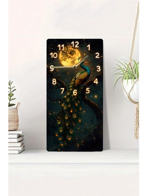 KutuTR 3D Görünümlü Tavus Kuşu ve Dolunay Temalı 2d Uv Baskı Mdf Tablo Saat 20X40 CM-DTS090