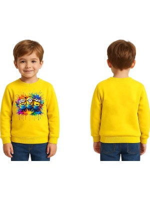 Sedirli Unisex Mınnıons Baskılı Çocuk Swaetshirt 3 Iplik Şardonlu