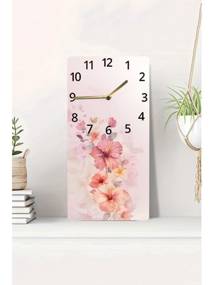 KutuTR 3D Görünümlü 2d Uv Baskı Mdf Tablo Saat – Pembe Tonlarda Çiçek Desenli Zarif Tasarım 20X40 CM-DTS204