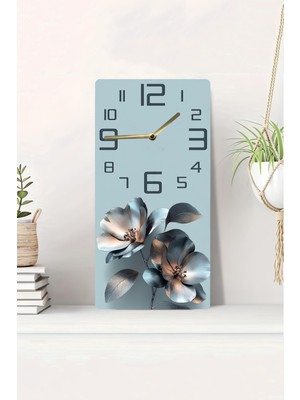 KutuTR 3D Görünümlü 2d Uv Baskı Mdf Tablo Saat – Metalik Çiçek Tasarımlı Modern Dekor – 20X40 CM-DTS242
