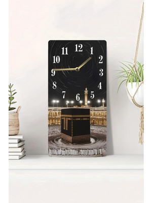 KutuTR 3D Görünümlü 2d Uv Baskı Mdf Tablo Saat – Kâbe-I Muazzama Gece Manzarası – 20X40 CM-DTS176