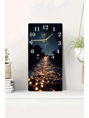 KutuTR 3D Görünümlü Yıldızlı Gece ve Işıltılı Nehir Temalı 2d Uv Baskı Mdf Tablo Saat 20X40 CM-DTS144