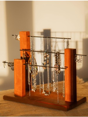 Feyza Design Şık Ahşap Takı Standı, 3 Direkli Kolye, Küpe, Bileklik ve Saat Askısı