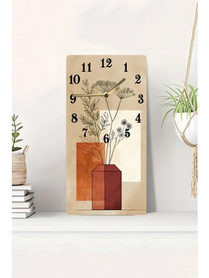 KutuTR 3D Görünümlü 2d Uv Baskı Mdf Tablo Saat – Minimal Vazo ve Çiçek Deseni – 20X40 cm Duvar SAATI-DTS107