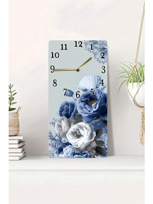 KutuTR Mavi Beyaz Güller Desenli 3D Görünümlü 2d Uv Baskı Mdf Tablo Saat 20X40 cm Sessiz MEKANIZMA-DTS147