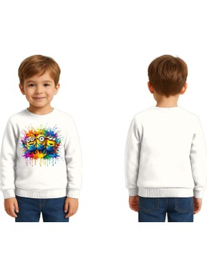 Sedirli Unisex Mınnıons Baskılı Çocuk Swaetshirt 3 Iplik Şardonlu