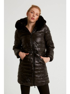 Robin D89742 Çift Taraflı Içi Kürklü Kapşonlu Kadın Puf Mont Siyah