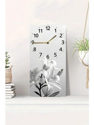 KutuTR 3D Görünümlü Beyaz Zambak Çiçek Desenli 2d Uv Baskı Mdf Tablo Saat 20X40 CM-DTS197