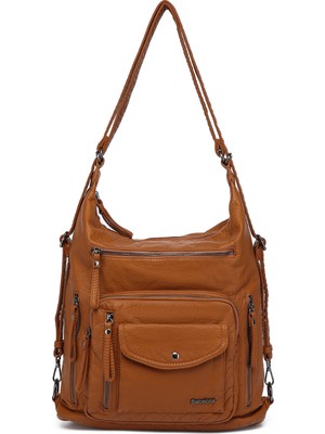 Hüvendo Barcelona Çok Cepli Günlük  Ayarlanabilir Askılı Büyük Boy Kadın Omuz ve Sırt Çantası Taba