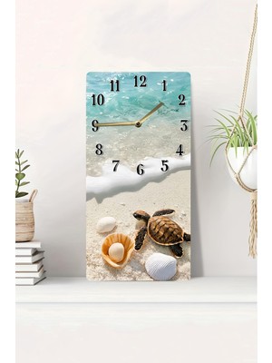 KutuTR 3D Görünümlü Deniz Kaplumbağası ve Deniz Kabuğu Temalı 2d Uv Baskı Mdf Tablo Saat 20X40 CM-DTS063