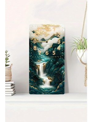 KutuTR 3D Görünümlü 2d Uv Baskı Mdf Tablo Saat 20X40 cm – Altın Detaylı Şelale ve Dağ MANZARASI-DTS005