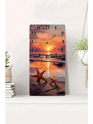 KutuTR 3D Görünümlü Gün Batımı Deniz ve Denizyıldızı Temalı 2d Uv Baskı Mdf Tablo Saat 20X40 CM-DTS068