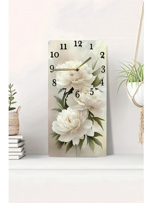 KutuTR 3D Görünümlü 2d Uv Baskı Beyaz Şakayık Çiçek Temalı Mdf Tablo Saat 20X40 CM-DTS047