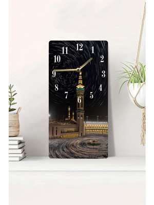 KutuTR 3D Görünümlü 2d Uv Baskı Mdf Tablo Saat – Kâbe ve Spiral Gece Gökyüzü Manzaralı – 20X40 CM-DTS182