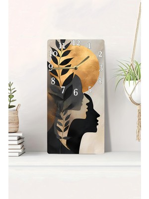 KutuTR 3D Görünümlü Altın Ay ve Yaprak Temalı Kadın Silüeti Uv Baskı Mdf Tablo Saat 20X40 CM-DTS106