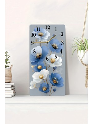 KutuTR 3D Görünümlü 2d Uv Baskı Mdf Tablo Saat – Mavi ve Beyaz Çiçekli Zarif Tasarım – 20X40 CM-DTS239
