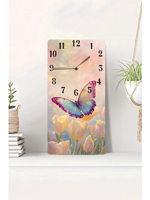 KutuTR 3D Görünümlü 2d Uv Baskı Mdf Tablo Saat–pembe Tonlarında Kelebek ve Lale Tasarımı 20X40CM-DTS219