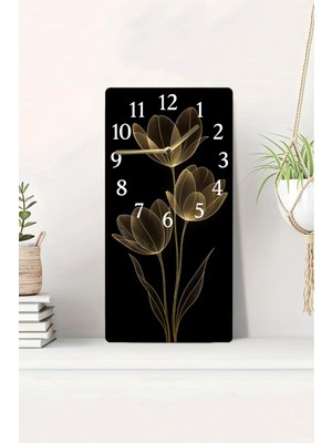 KutuTR 3D Görünümlü 2d Uv Baskı Mdf Tablo Saat 20X40 cm – Siyah Zemin Gold Çiçek Desenli ŞIK-DTS128