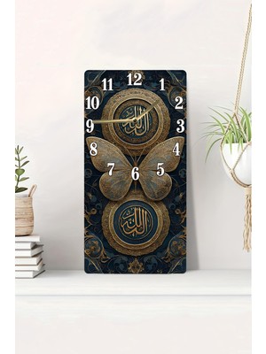 KutuTR 3D Görünümlü 2d Uv Baskı Mdf Tablo Saat-Altın Varak Islami Hat ve Kelebek Motifli 20X40CM-DTS175