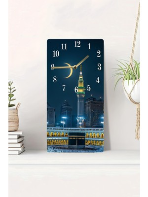 KutuTR 3D Görünümlü 2duv Baskı Mdf Tablo Saat 20X40CM–KÂBE ve Saat Kulesi Gece Manzarası Duvar SAATI-DTS029