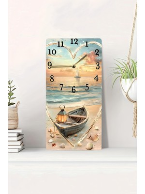 KutuTR 3D Görünümlü Deniz, Kalp Formu ve Sandal Temalı 2d Uv Baskı Mdf Tablo Saat 20X40 CM-DTS048