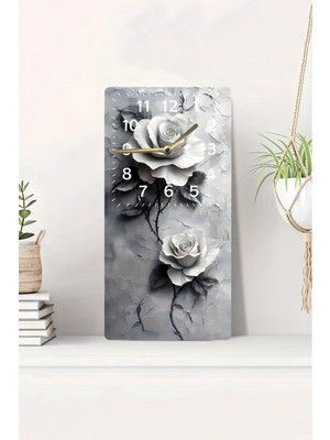 KutuTR Gri Beyaz Gül Temalı 3D Görünümlü 2d Uv Baskı Mdf Tablo Saat 20X40 CM-DTS023