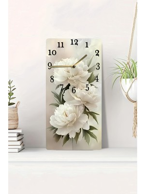 KutuTR 3D Görünümlü 2d Uv Baskı Mdf Tablo Saat – Beyaz Şakayık Çiçek Deseni – 20X40 CM-DTS195
