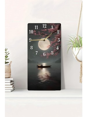 KutuTR 3D Görünümlü 2d Uv Baskı Mdf Tablo Saat – Ay Işığında Göl ve Kayık Manzarası – 20X40 CM-DTS185
