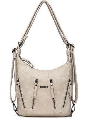 Hüvendo Barcelona Günlük Orta Boy Fermuar Detaylı Çok Cepli Kadın Omuz ve Sırt Çantası Bej