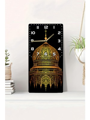 KutuTR 3D Görünümlü 2d Uv Baskı Mdf Tablo Saat Altın Kubbe Motifli Islami Dekor 20X40 CM-DTS171