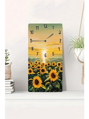 KutuTR 3D Görünümlü 2d Uv Baskı Mdf Tablo Saat 20X40 cm Ayçiçeği ve Gün Batımı Manzaralı Duvar SAATI-DTS013